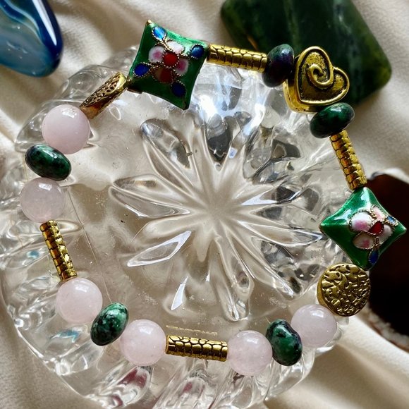 Rose Quartz and Ruby zoisite precious stones with a gold in color HEART Bracelet - Picture 2 of 2